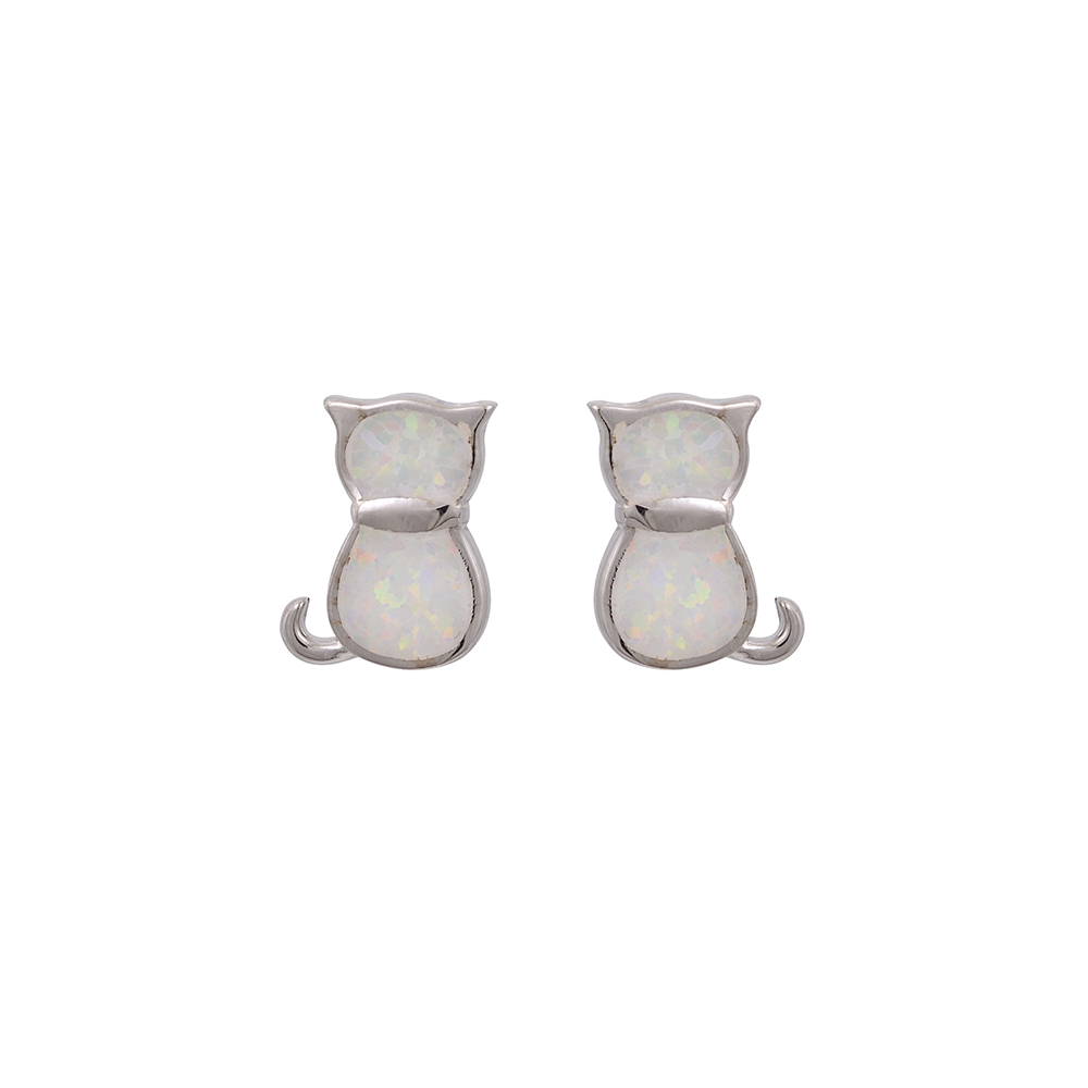 Stud Cat Earrings with Opal Stone in Silver 925