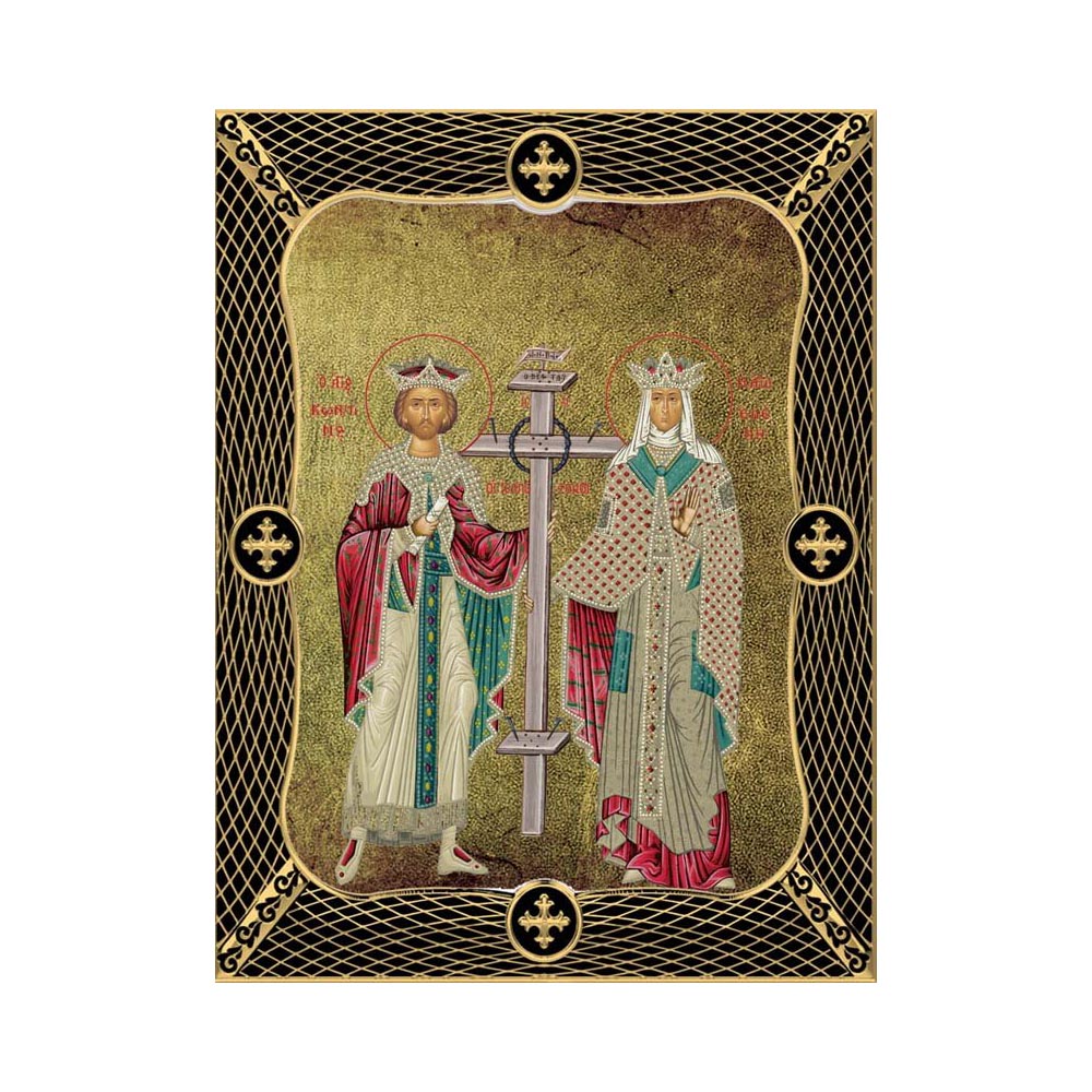 Αγιος Κωνσταντίνος και Αγία Ελένη Μεταξοτυπία με Παλαίωση με Πλέγμα Στεφάνι